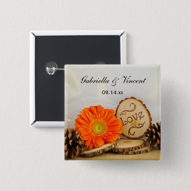 Rustic Orange Daisy Woodland Wedding Button (Front & Back)