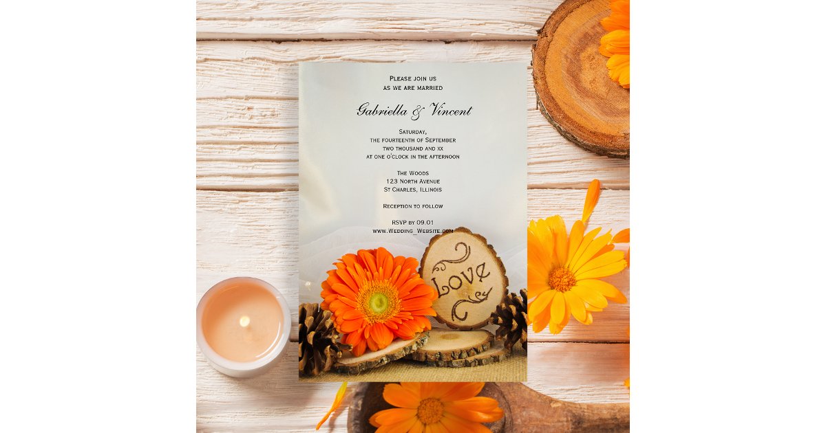 Rustic Orange Daisy Woodland Wedding Invitation | Zazzle