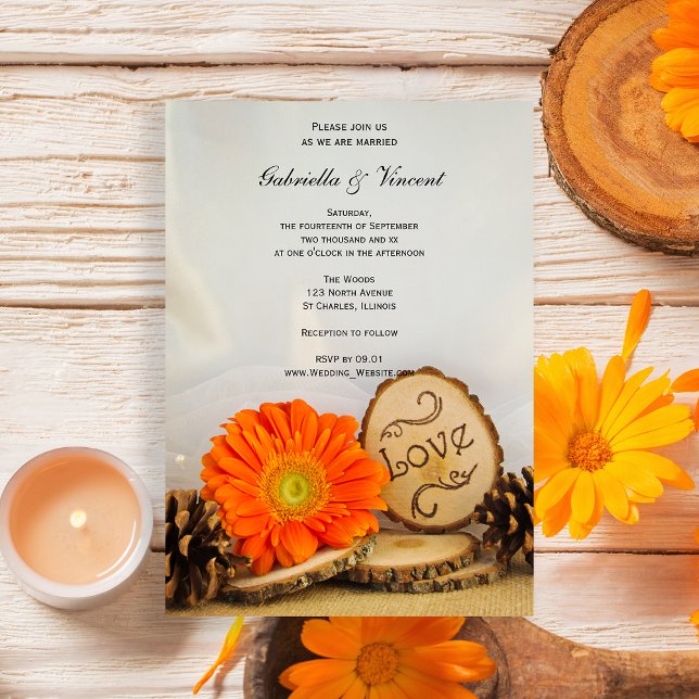 Rustic Orange Daisy Woodland Wedding Invitation (Set a natural tone for your woodsy marriage with the Orange Daisy Woodland Wedding Invitation.)