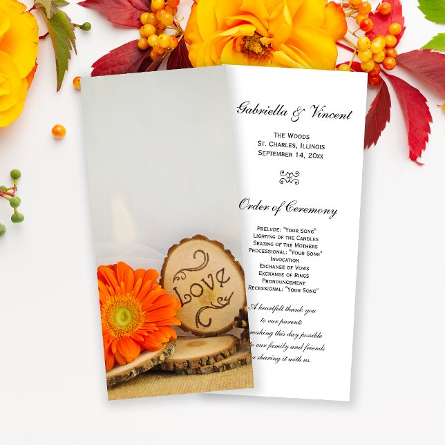 Rustic Orange Daisy Woodland Wedding Program (Creator Uploaded)