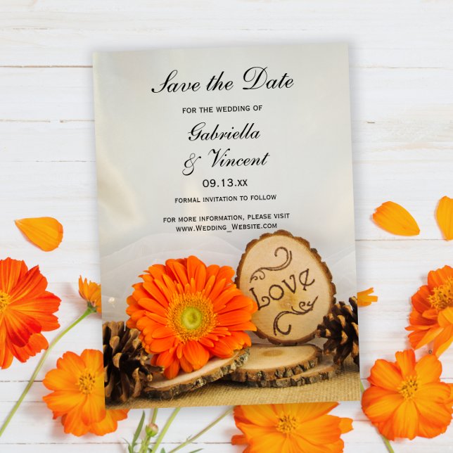 Rustic Orange Daisy Woodland Wedding Save the Date Invitation
