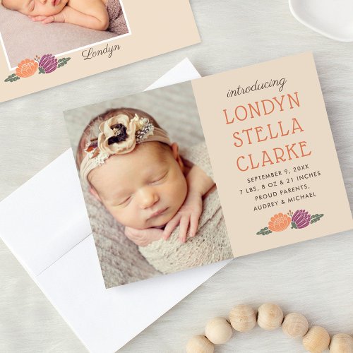 Rustic Orange Fall Floral Baby Girl Photo Birth Announcement