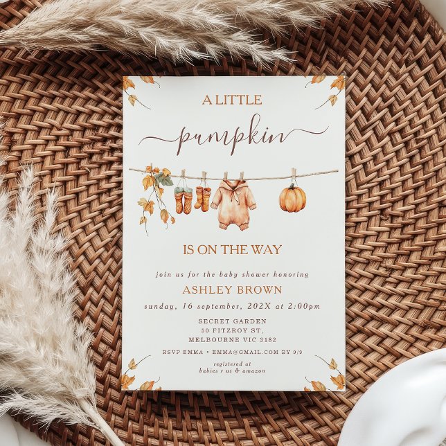 Rustic Orange Fall Foliage Clotheline Baby Shower Invitation (Fall Little Pumpkin Baby Shower Invitation Template, Clothesline Baby Shower Invitation Fall Autumn)