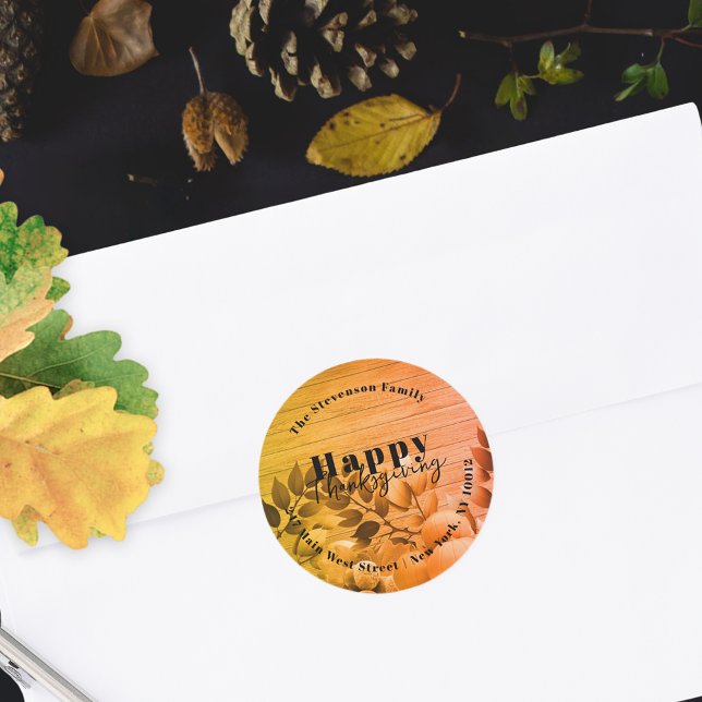 Rustic Orange Fall Harvest Thanksgiving Address Classic Round Sticker (Creator Uploaded)