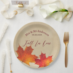 Rustic Orange Fall in Love Leaves Autumn Wedding Paper Plates