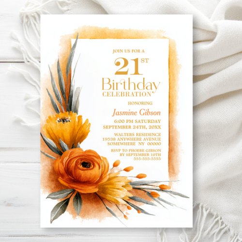 Rustic Orange Floral 21st Birthday Party Invitation