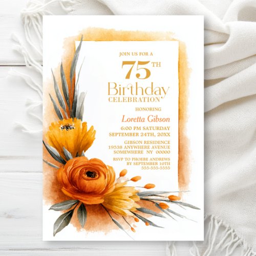 Rustic Orange Floral 75th Birthday Party Invitation