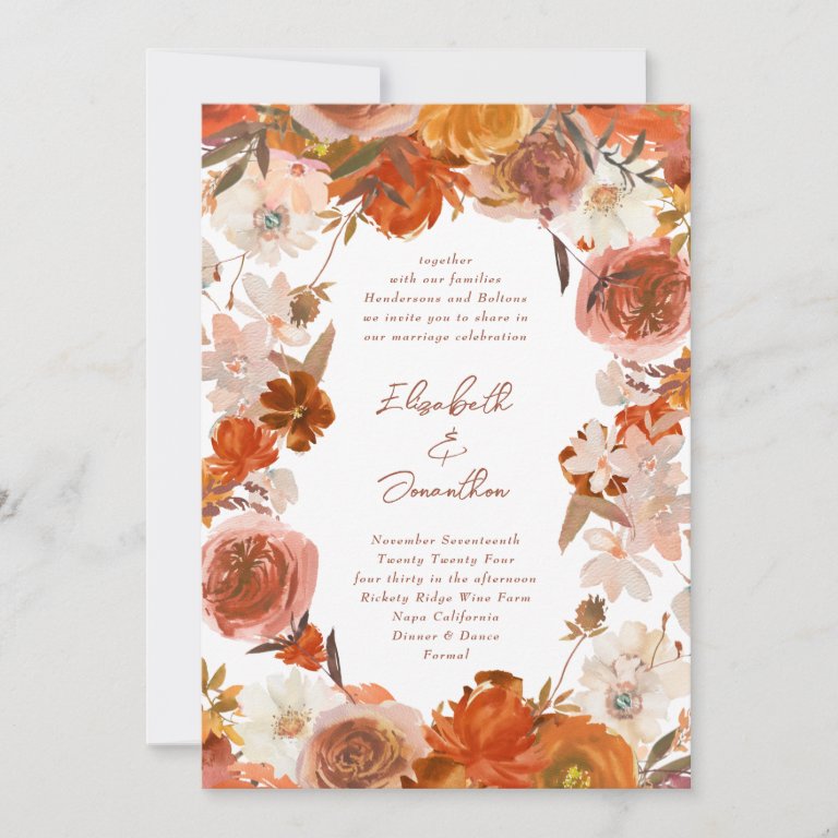 Rustic Orange Floral Boho Frame Bouquet Wedding Invitation