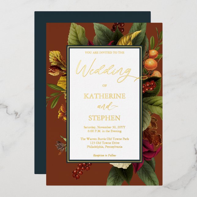 Rustic Orange Floral Bouquet Teal Wedding Foil Invitation (Front/Back)