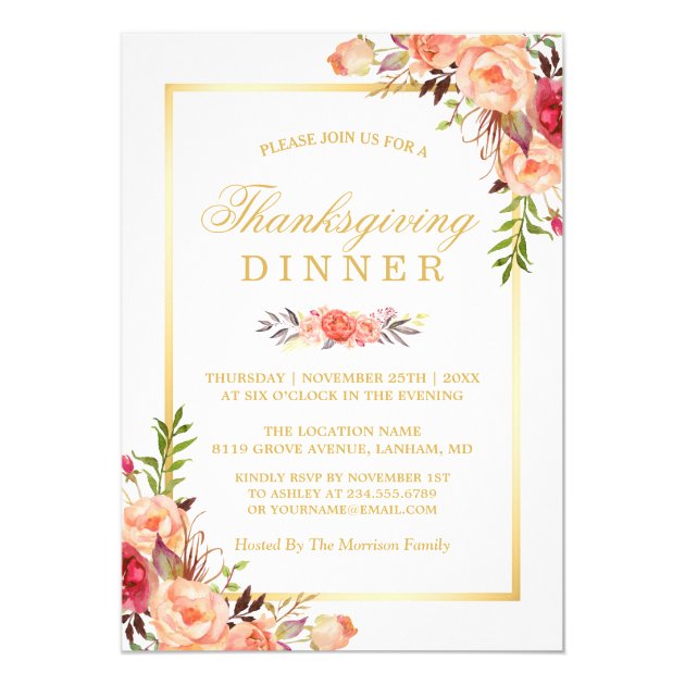 Rustic Orange Floral Chic Gold Thanksgiving Dinner Card