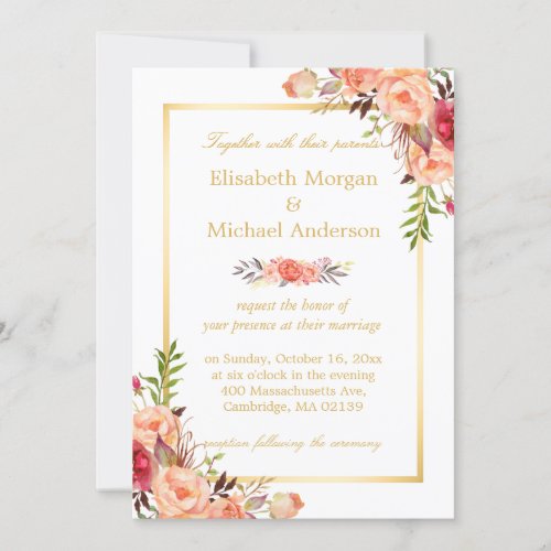 Rustic Orange Floral Chic Gold White Fall Wedding Card