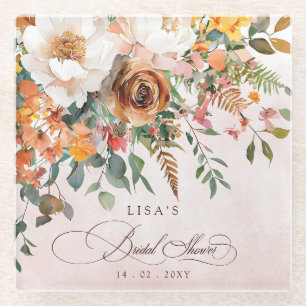Rustic Orange Floral Fall Bridal Shower Glass Coaster