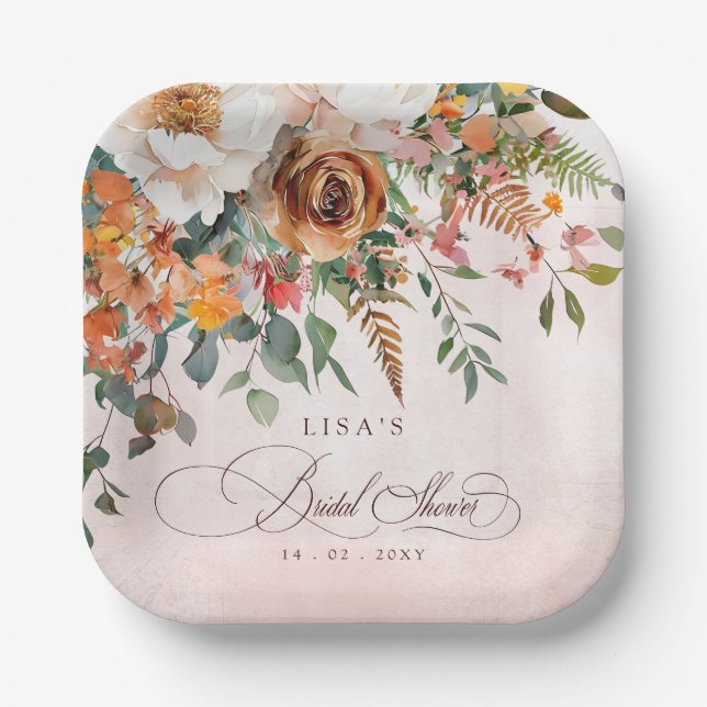 Rustic Orange Floral Fall Bridal Shower  Paper Plates (Front)
