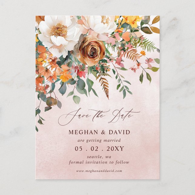 Rustic Orange Floral Fall Save the Date Announcement Postcard (Front)