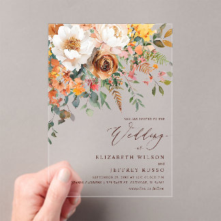 Rustic Orange Floral Fall Wedding Acrylic Invitations