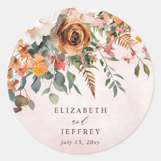 Rustic Orange Floral Fall Wedding Classic Round Sticker