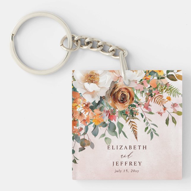 Rustic Orange Floral Fall Wedding Keychain (Front)