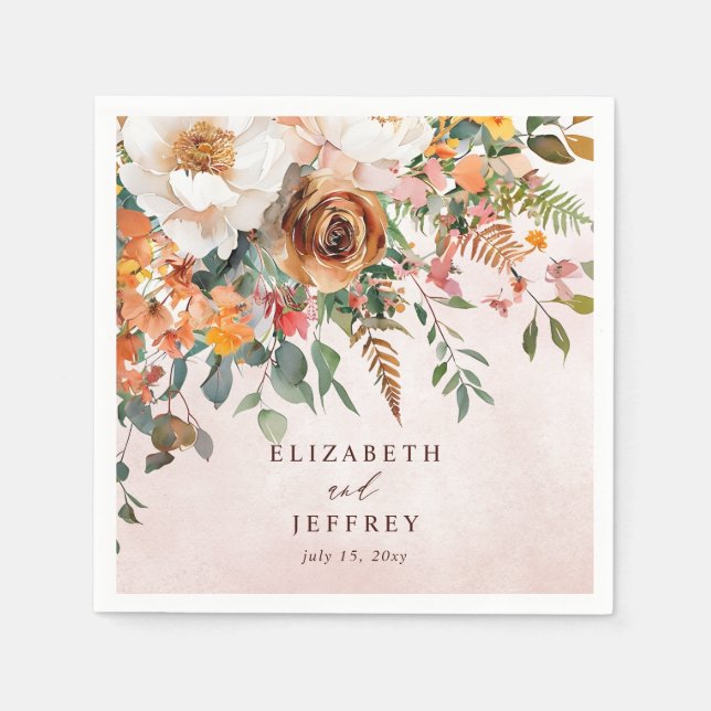 Rustic Orange Floral Fall Wedding Napkins (Front)