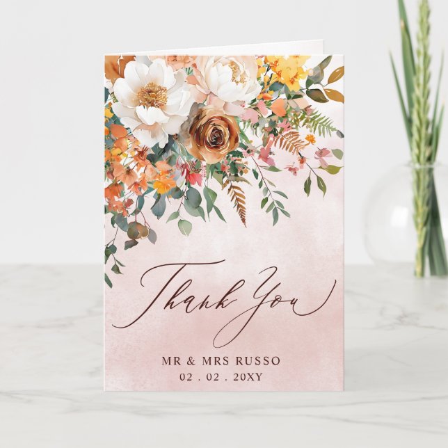 Rustic Orange Floral Fall Wedding Photo Letterpress Thank You Card (Front)