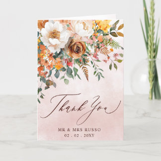Rustic Orange Floral Fall Wedding Photo Thank You Card