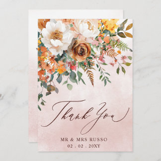 Rustic Orange Floral Fall Wedding  Thank You Card