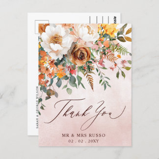 Rustic Orange Floral Fall Wedding Thank You Postcard