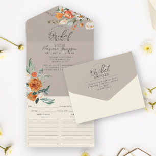 Rustic Orange Floral Taupe Bridal Shower & Recipe All In One Invitation