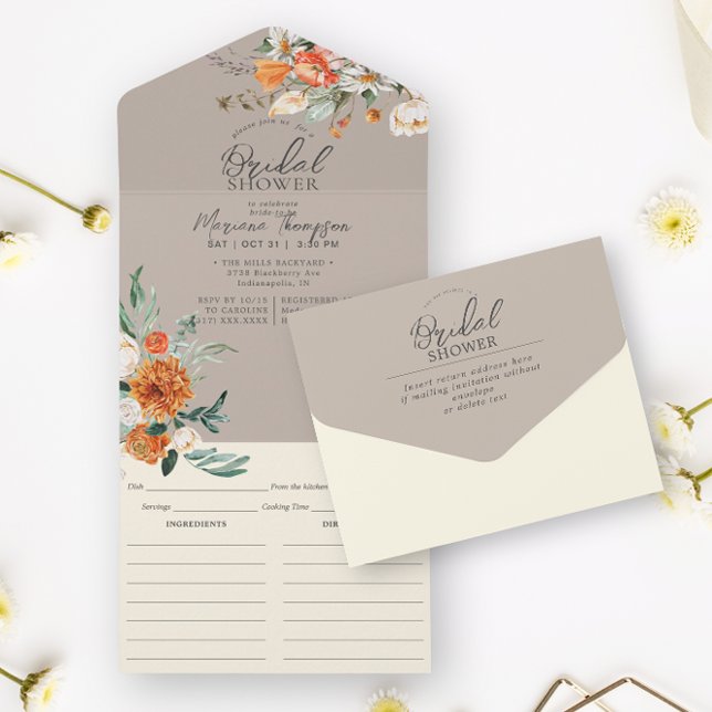 Rustic Orange Floral Taupe Bridal Shower & Recipe  All In One Invitation (Creator Uploaded)
