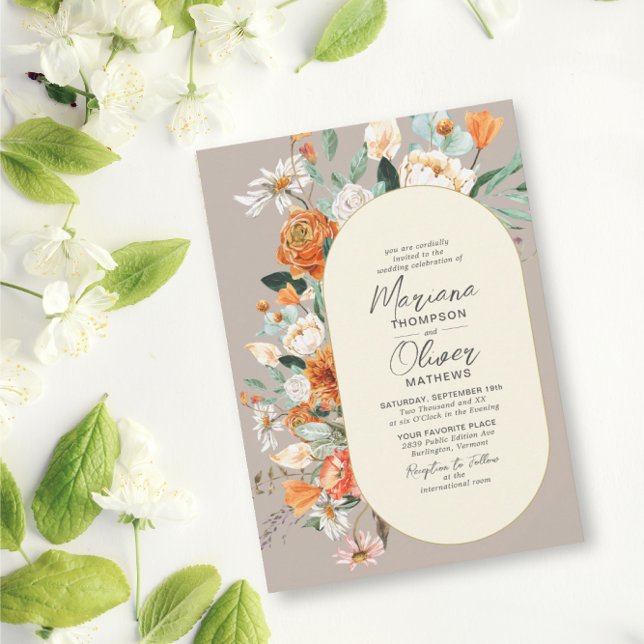 Rustic Orange Florals Double Arch Taupe Wedding Invitation (Beatutiflful taupe background that makes the flowers pop.)