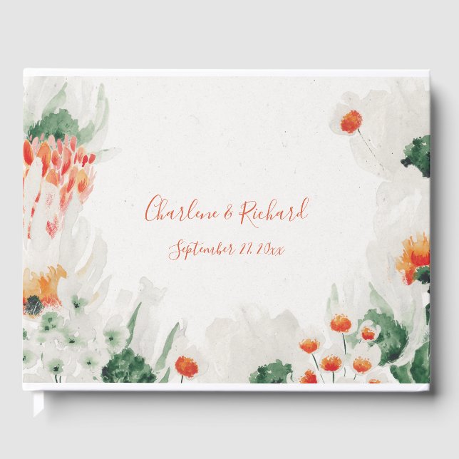 Rustic Orange Forest Green White Floral Guest Book (Front)