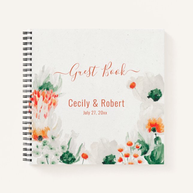  Rustic Orange Forest Green White Floral Guest Notebook (Front)