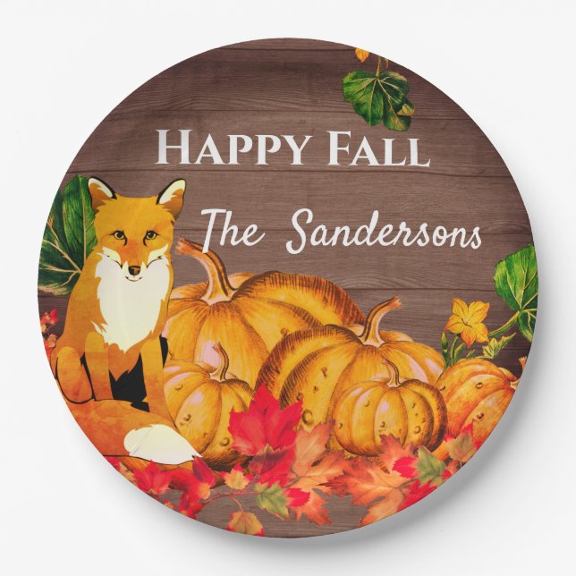 Rustic Orange Fox Pumpkin Fall Autumn Leaves  Paper Plates (Front)