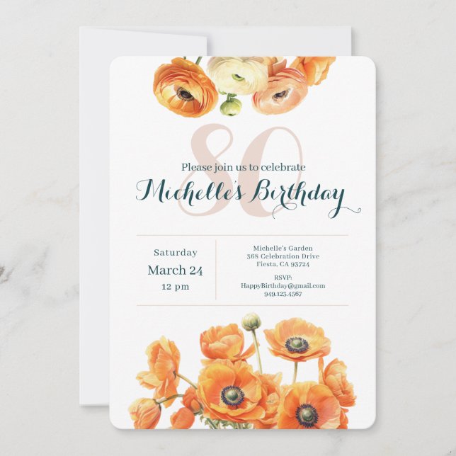 Rustic Orange Garden Floral 80th Birthday Party  Invitation (Front)