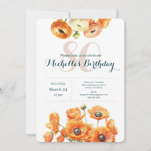 Rustic Orange Garden Floral 80th Birthday Party Invitation
