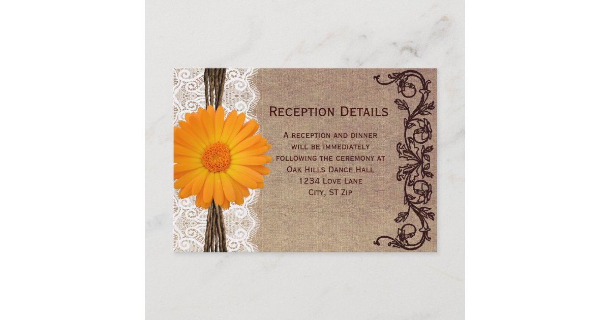 Rustic Orange Gerber Daisy Wedding Reception Cards | Zazzle