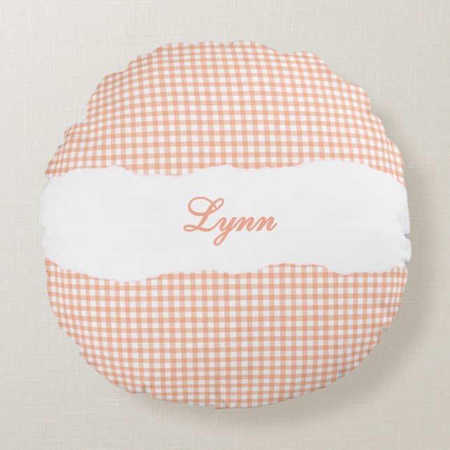 Rustic Orange Gingham Personalized Name Round Pillow (Front)