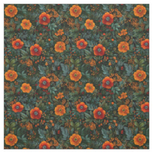 Rustic Orange Green Botanical Bold Vintage Floral  Fabric