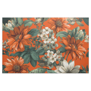 Rustic Orange Green Botanical Bold Vintage Floral  Fabric