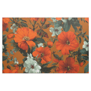 Rustic Orange Green Botanical Bold Vintage Floral  Fabric