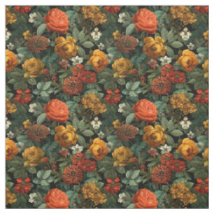 Rustic Orange Green Botanical Bold Vintage Floral  Fabric