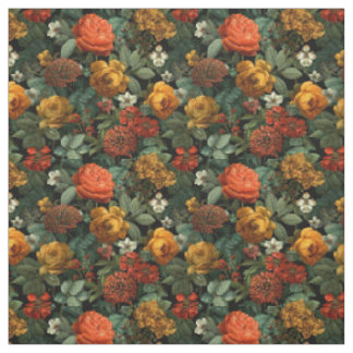 Rustic Orange Green Botanical Bold Vintage Floral  Fabric