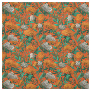 Rustic Orange Green Botanical Bold Vintage Floral  Fabric