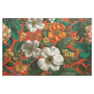 Rustic Orange Green Botanical Bold Vintage Floral  Fabric