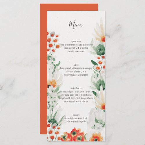 Rustic Orange Green White Watercolor Floral  Menu