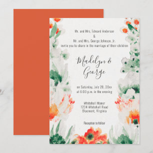 Rustic Orange Green White Watercolor Wedding Invitation