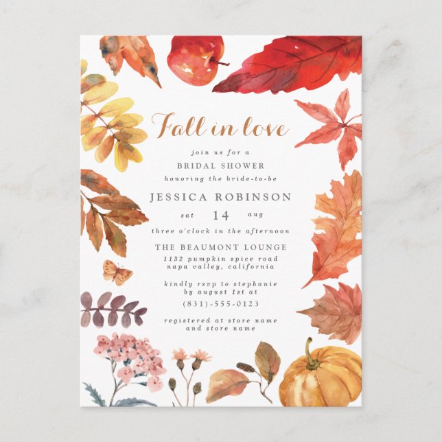 Rustic Orange Leaves | Fall-Themed Bridal Shower Invitation Postcard (Front)