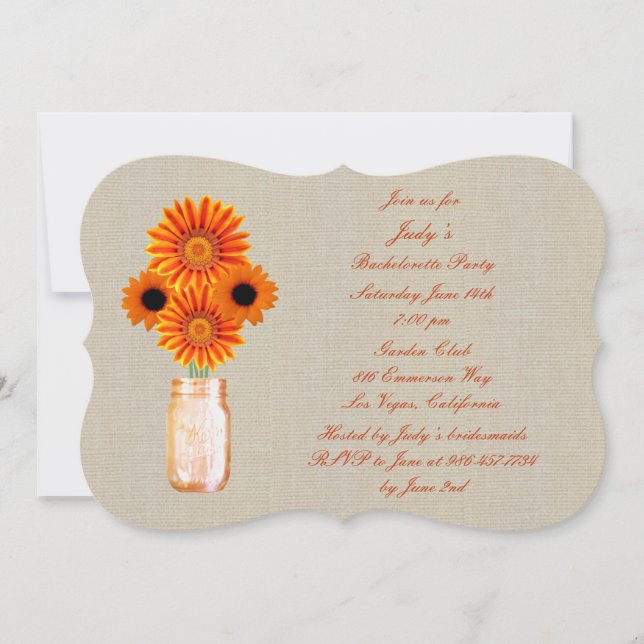 Rustic Orange Mason Jar Bachelorette Party Invite (Front)