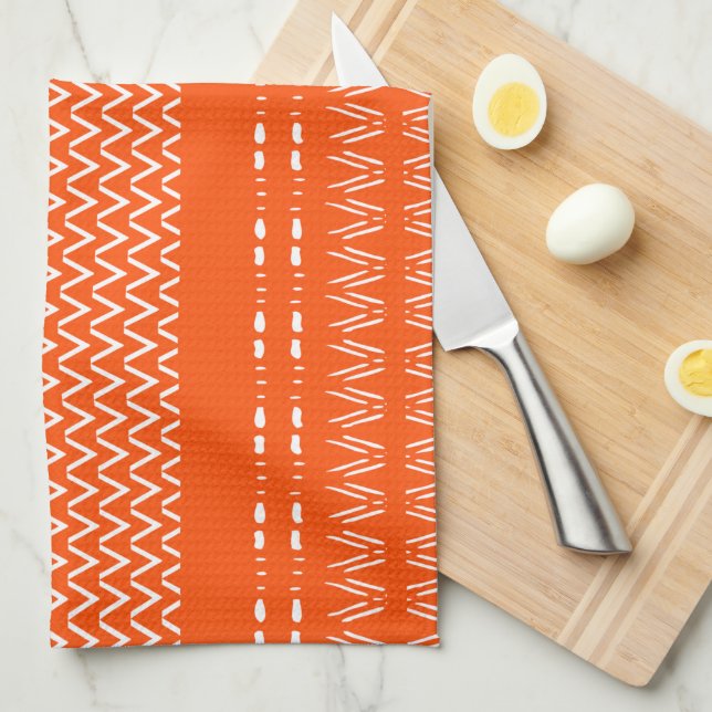 Rustic Orange Modern Mudcloth Kitchen Towel (Quarter Fold)