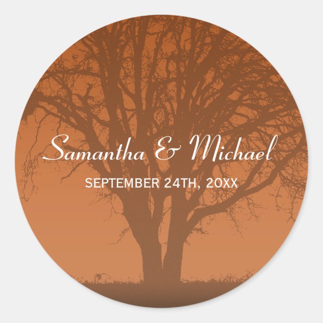 Rustic Orange Oak Tree Wedding Favor Label (Front)