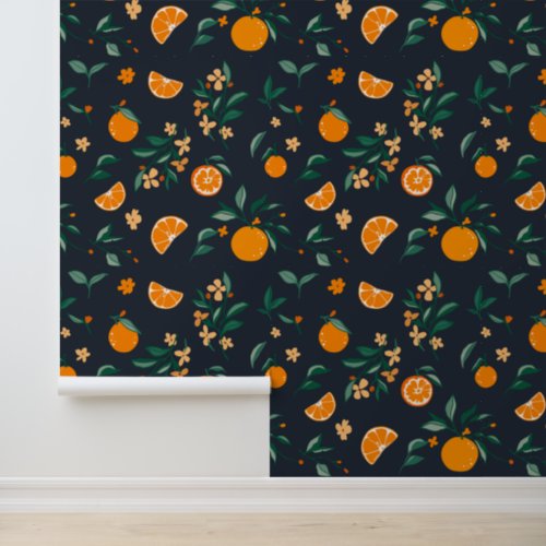 Rustic Orange Orchard Dark Navy Wallpaper